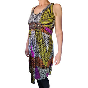ICE Colorful Tribal Aztec Beaded Midi Dress Womens XS Sleeveless Vacation Boho